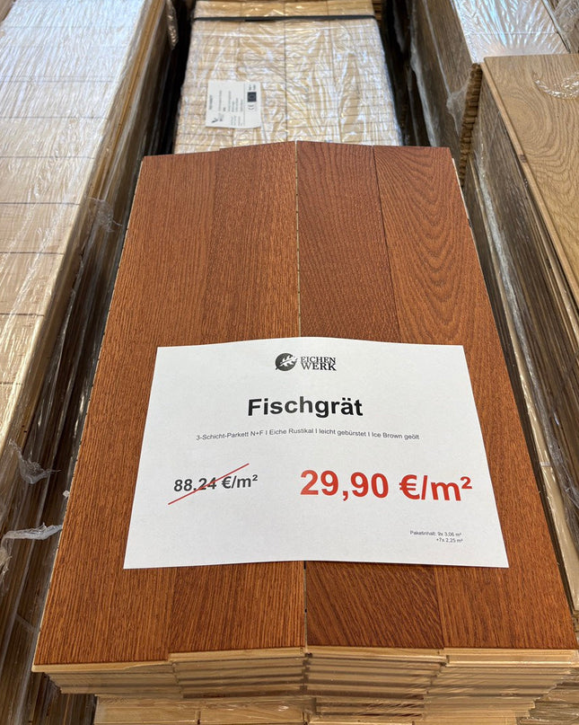 Stabparkett Eiche Rustikal Ice Brown geölt 97 mm breit Fischgrät - 3-Schichtparkett