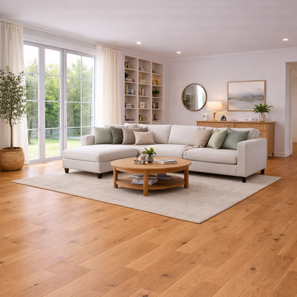 Modernes Wohnzimmer mit Eichen Parkettboden der eine Ruhige Stimmung in den Raum bringt.