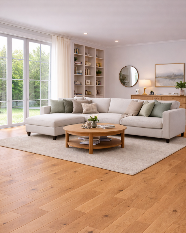 Modernes Wohnzimmer mit Eichen Parkettboden der eine Ruhige Stimmung in den Raum bringt.