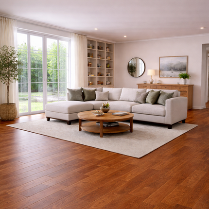 modernes Wohnzimmer mit einem Eichen Parkettboden der Kontrast im Raum beitet.
