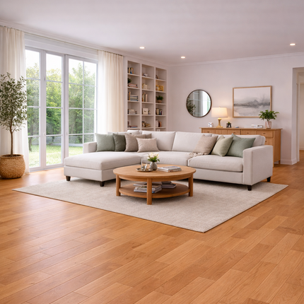 Modernes Wohnzimmer mit einem Eichen Parkettboden.